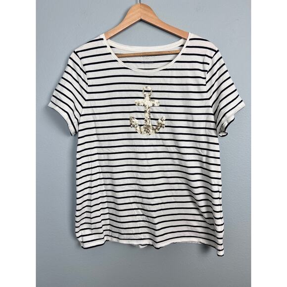 Talbots Women's L T-Shirt Top Striped Sequin Anchor Nautical Coastal Preppy Glam - Picture 2 of 10